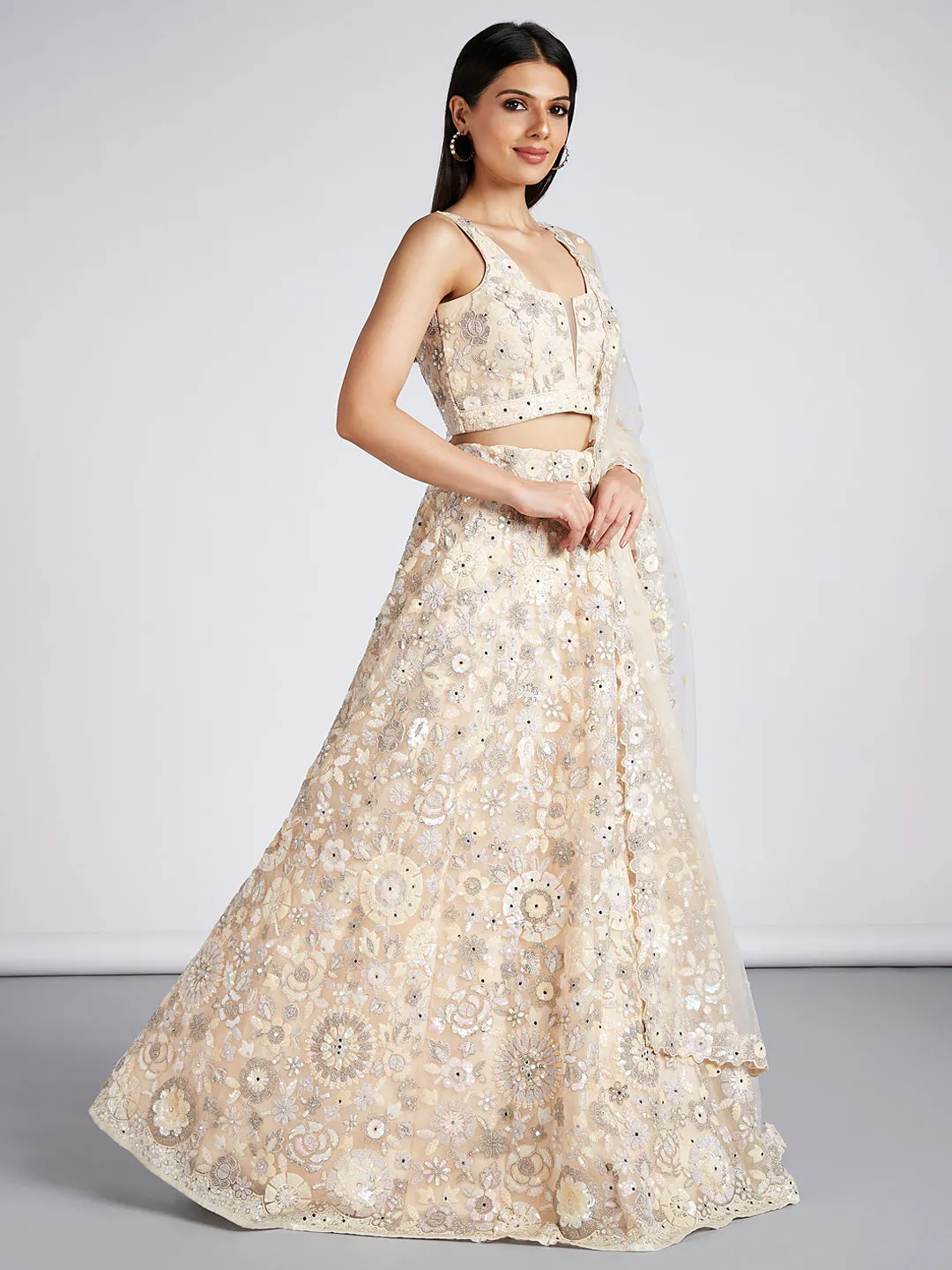 Cream Net Sequins, Mirror and thread embroidery Semi-Stitched Lehenga choli & Dupatta