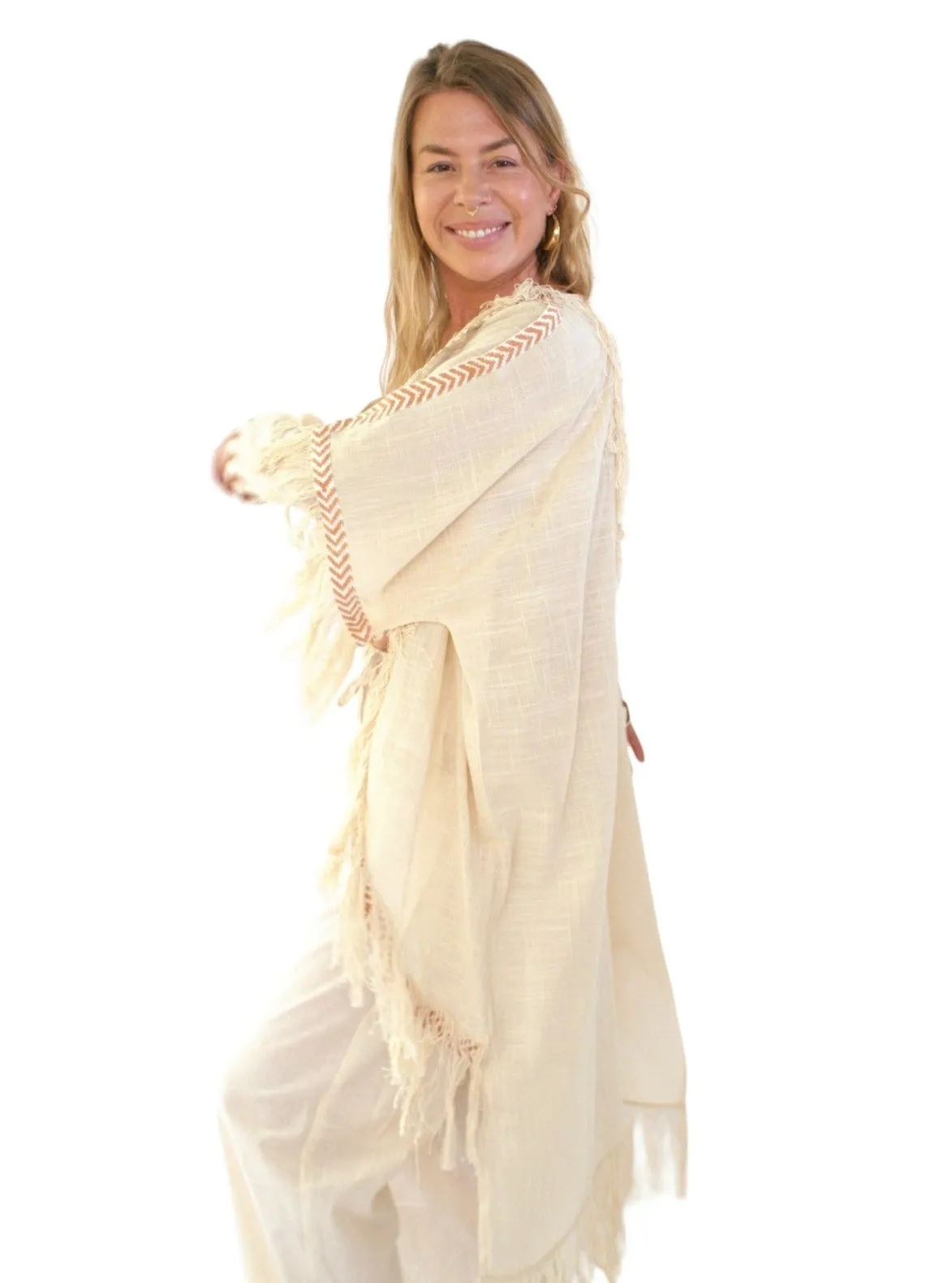 Cream Organic Cotton Shrug with Fringe