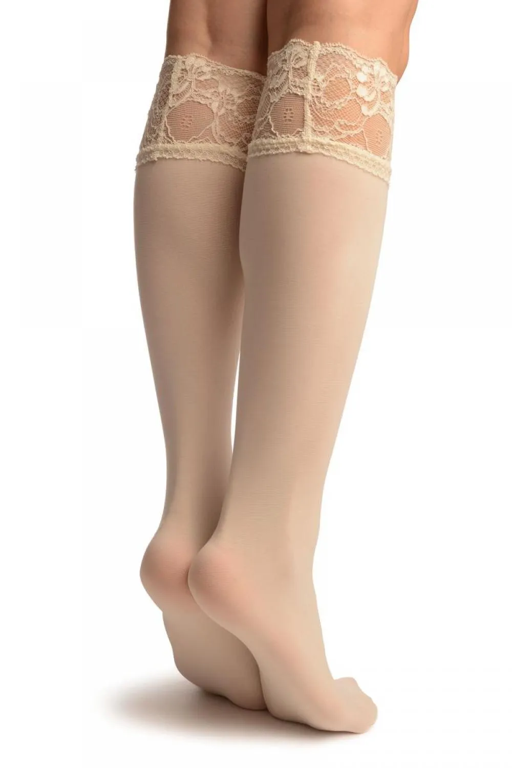 Cream Pain With Floral Silicon Lace Socks Knee High