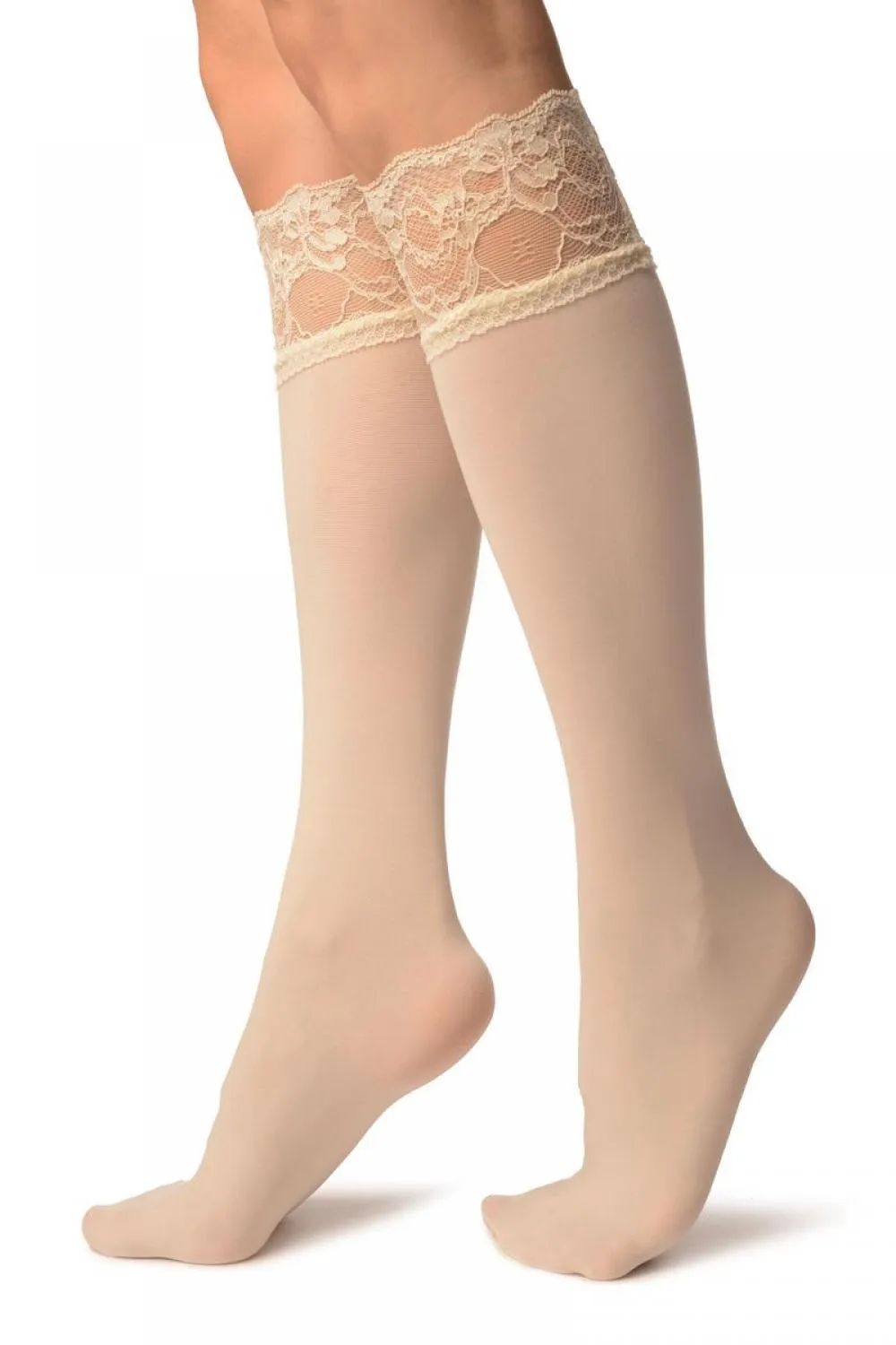 Cream Pain With Floral Silicon Lace Socks Knee High