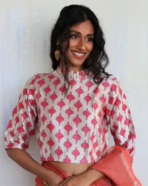 Cream Pink Blockprinted Mashru Silk Blouse