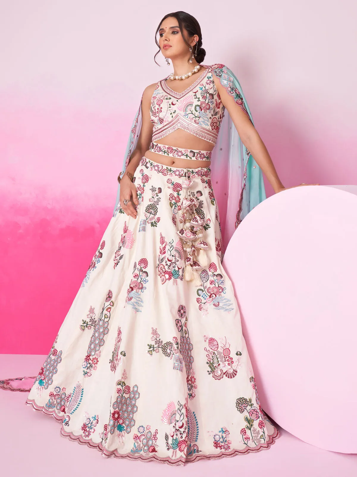 Cream Pure Silk Zarkan, Mirror and heavy Sequin embroidery Semi-Stitched Lehenga choli and Dupatta