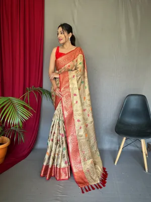 Cream Saree in Kanjeevaram Tissue Silk