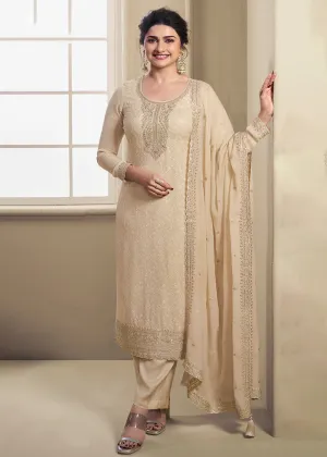 Cream Schiffli Embroidered Organza Salwar Suit