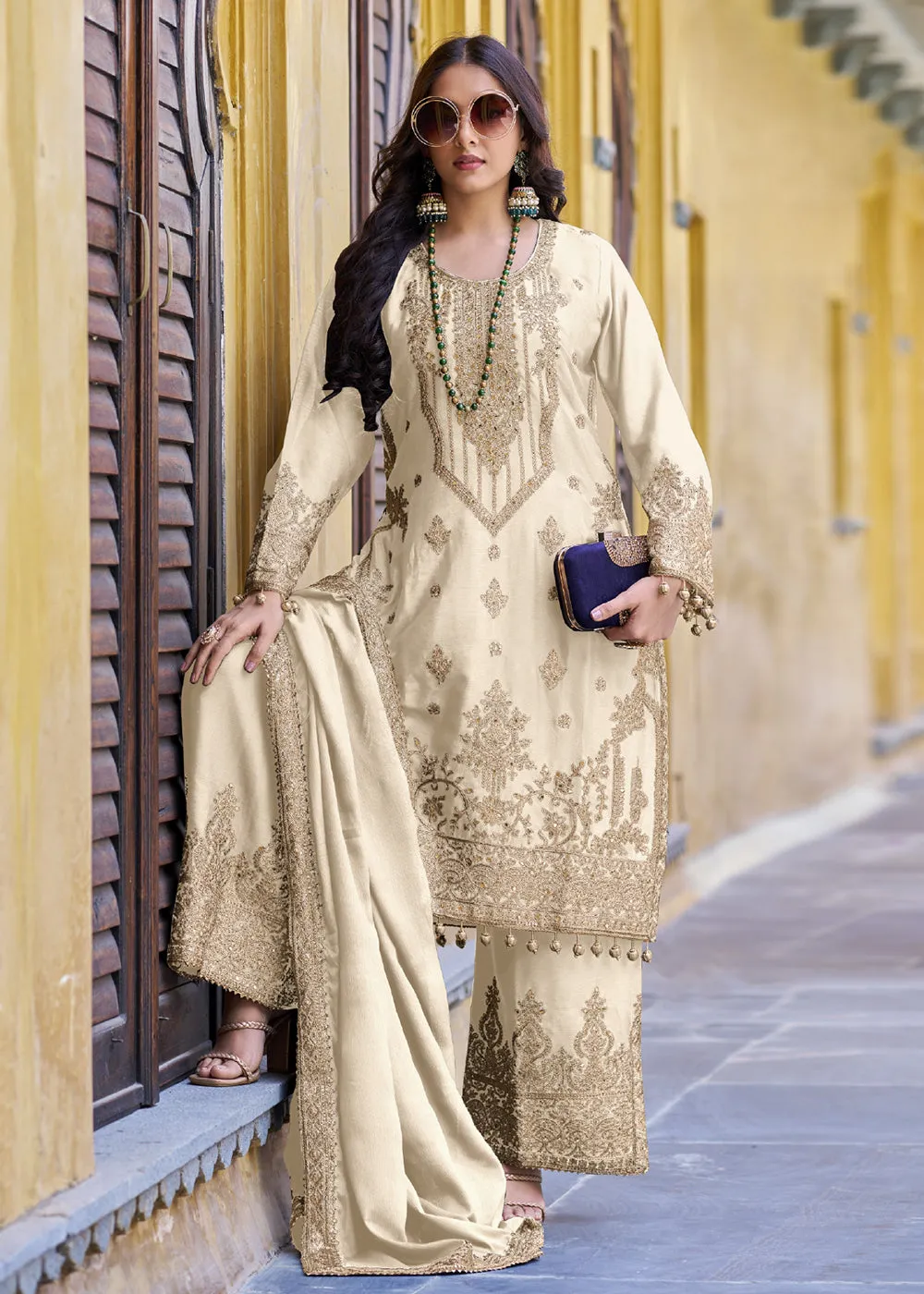 Cream Semi Pure Chinnon Embroidered Wedding Palazzo Suit