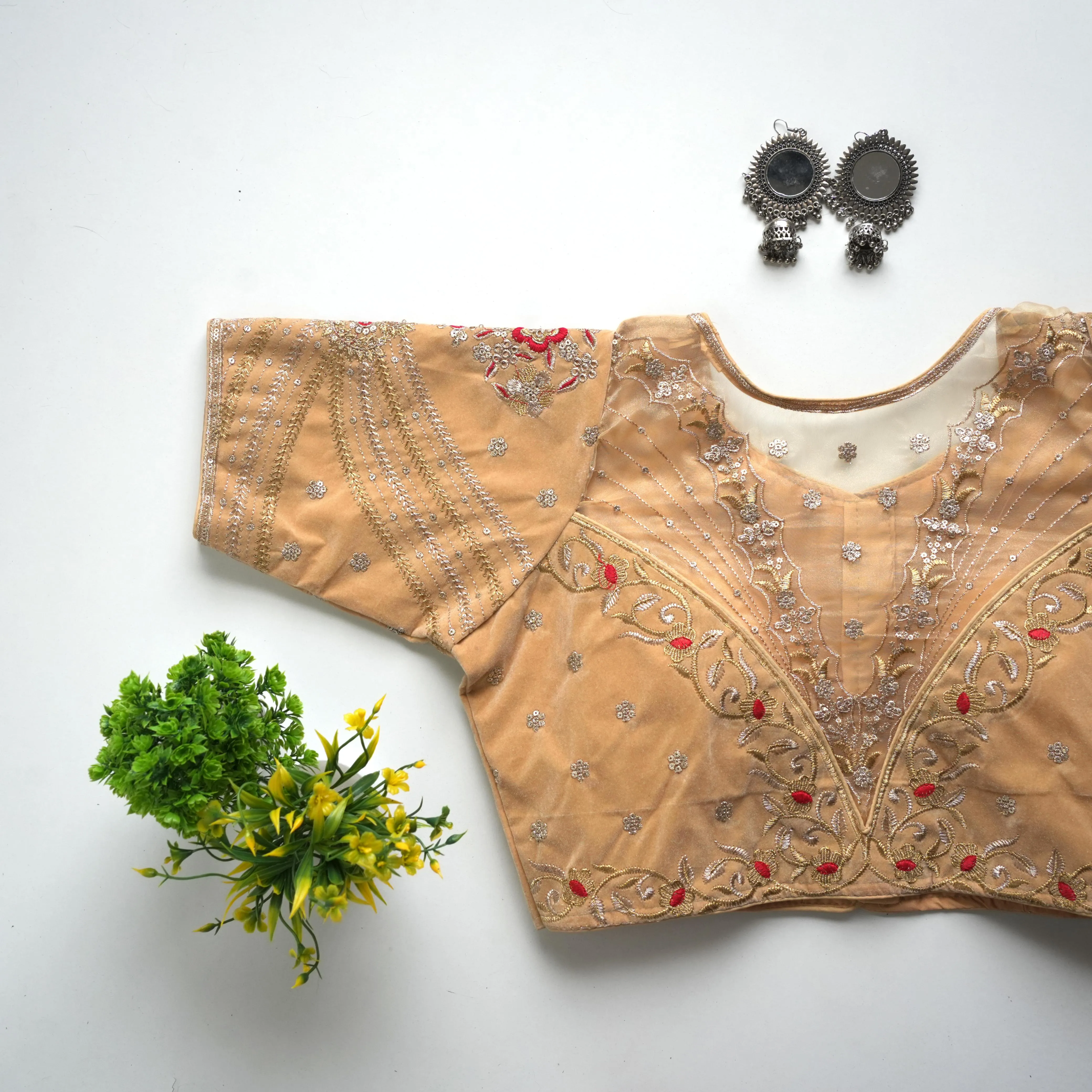 Cream Taffeta Silk Blouse with Golden Embroidery and Sequin Touch