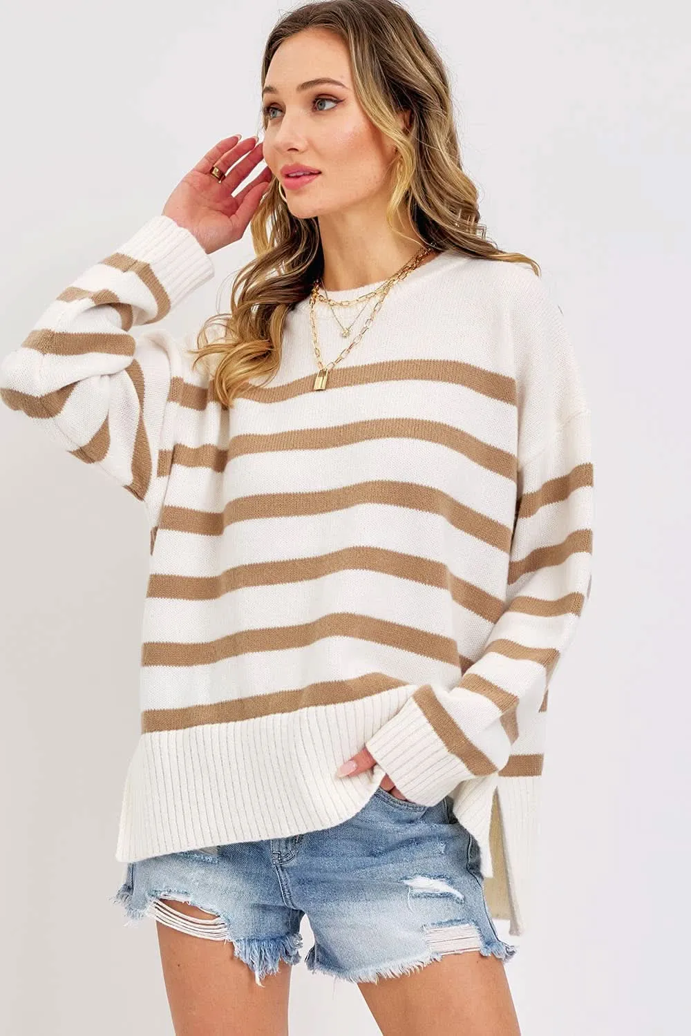 Cream Taupe Pullover Striped Knit Sweater