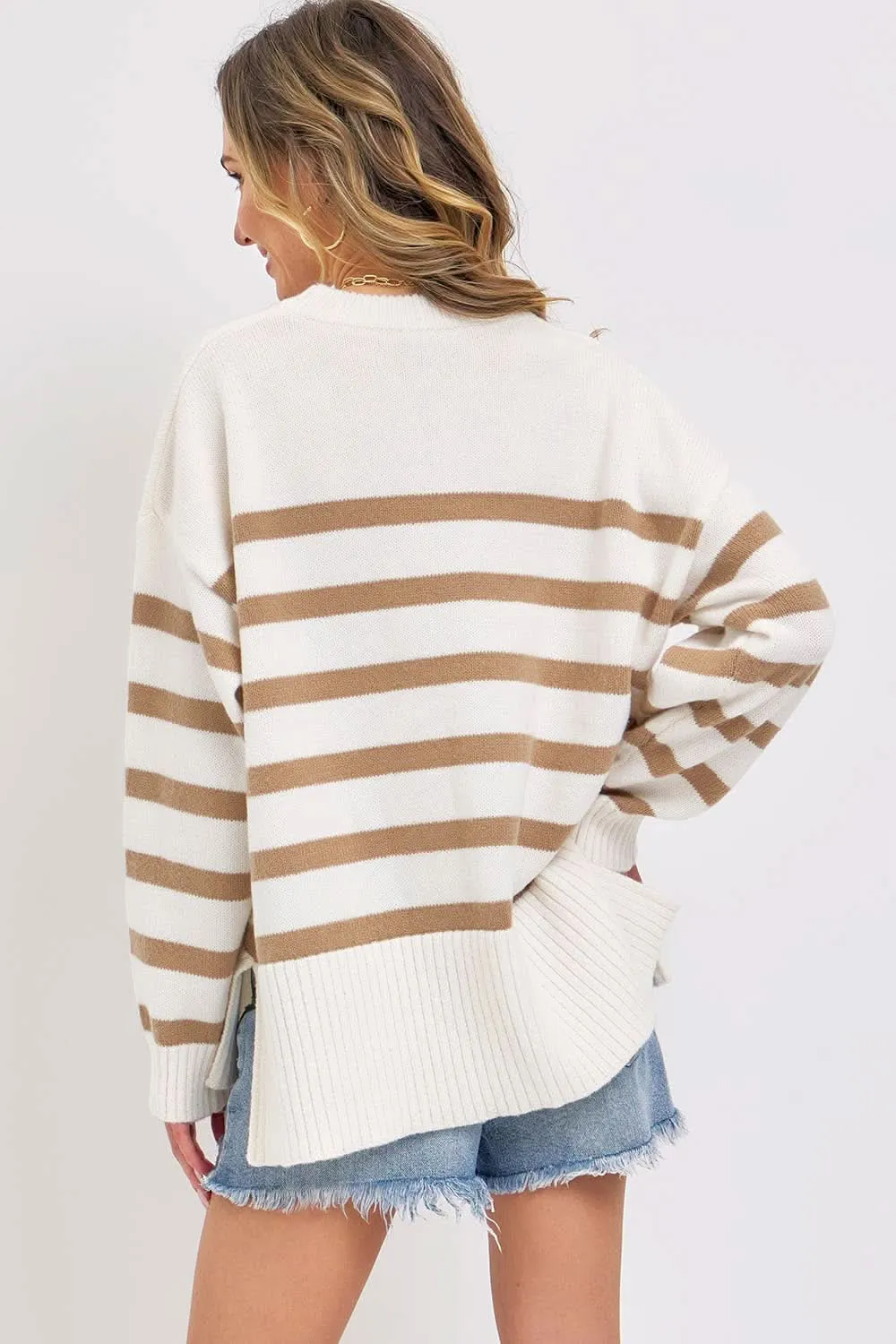 Cream Taupe Pullover Striped Knit Sweater