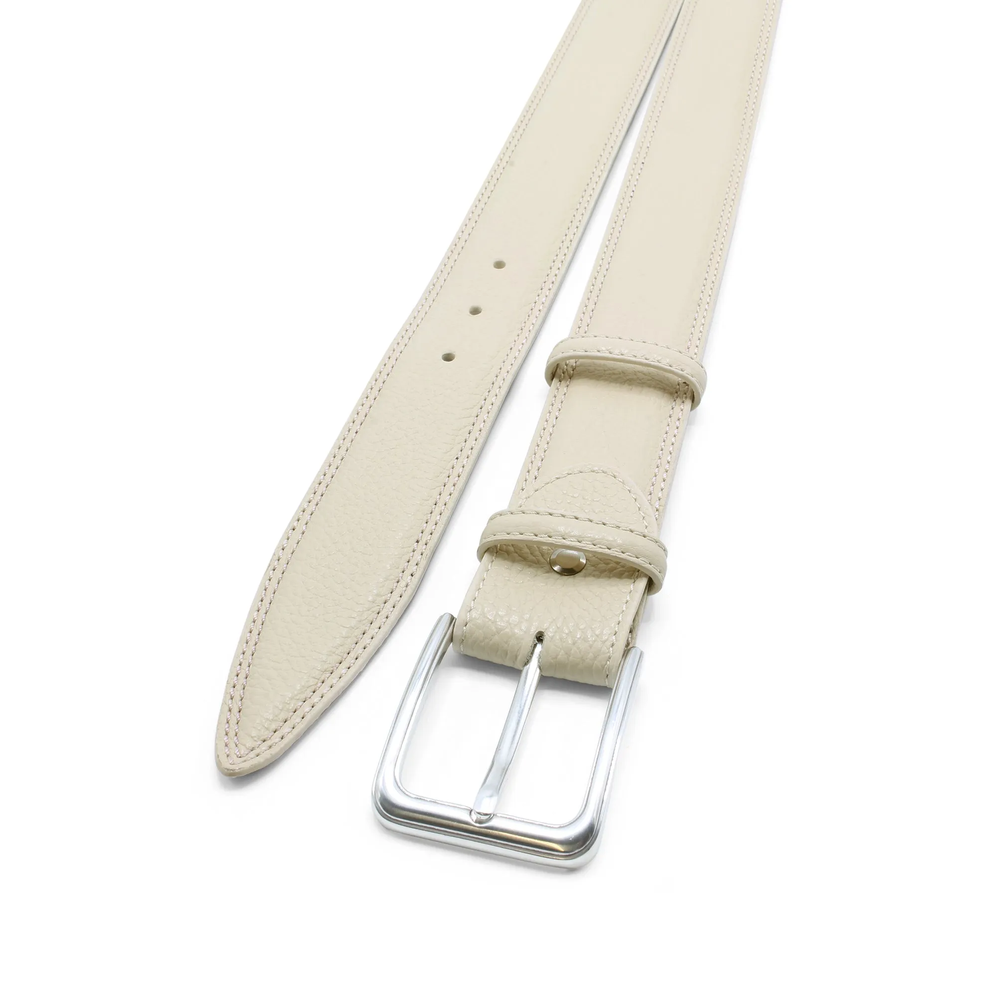 Cream Tumbled Leather Double Stitch Belt