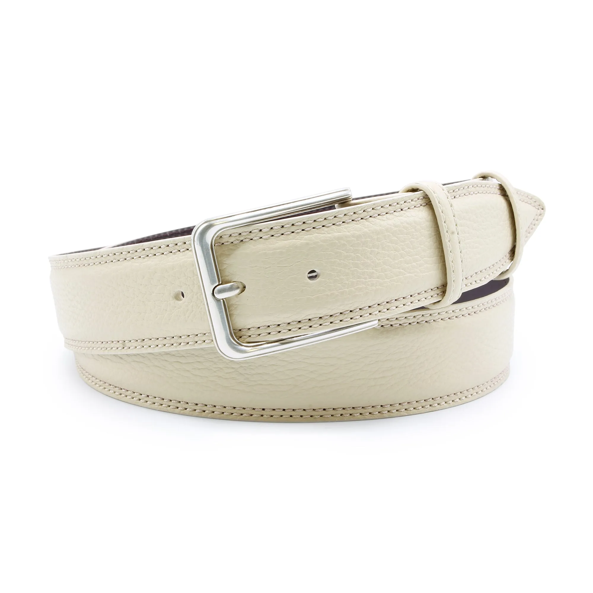 Cream Tumbled Leather Double Stitch Belt