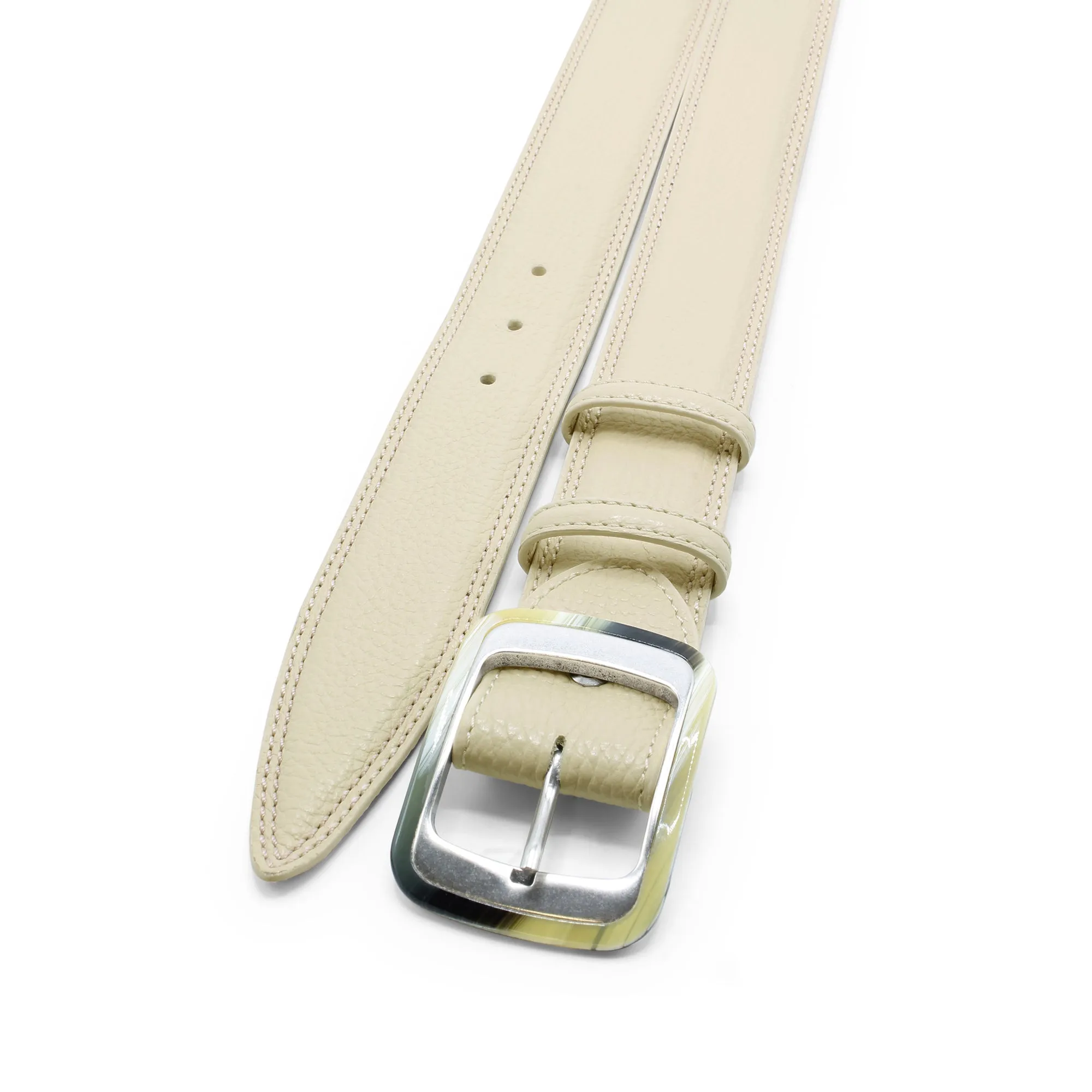 Cream Tumbled Leather Horn Prong Belt