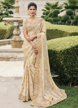 Cream White Multi Embroidery Tissue Silk Saree