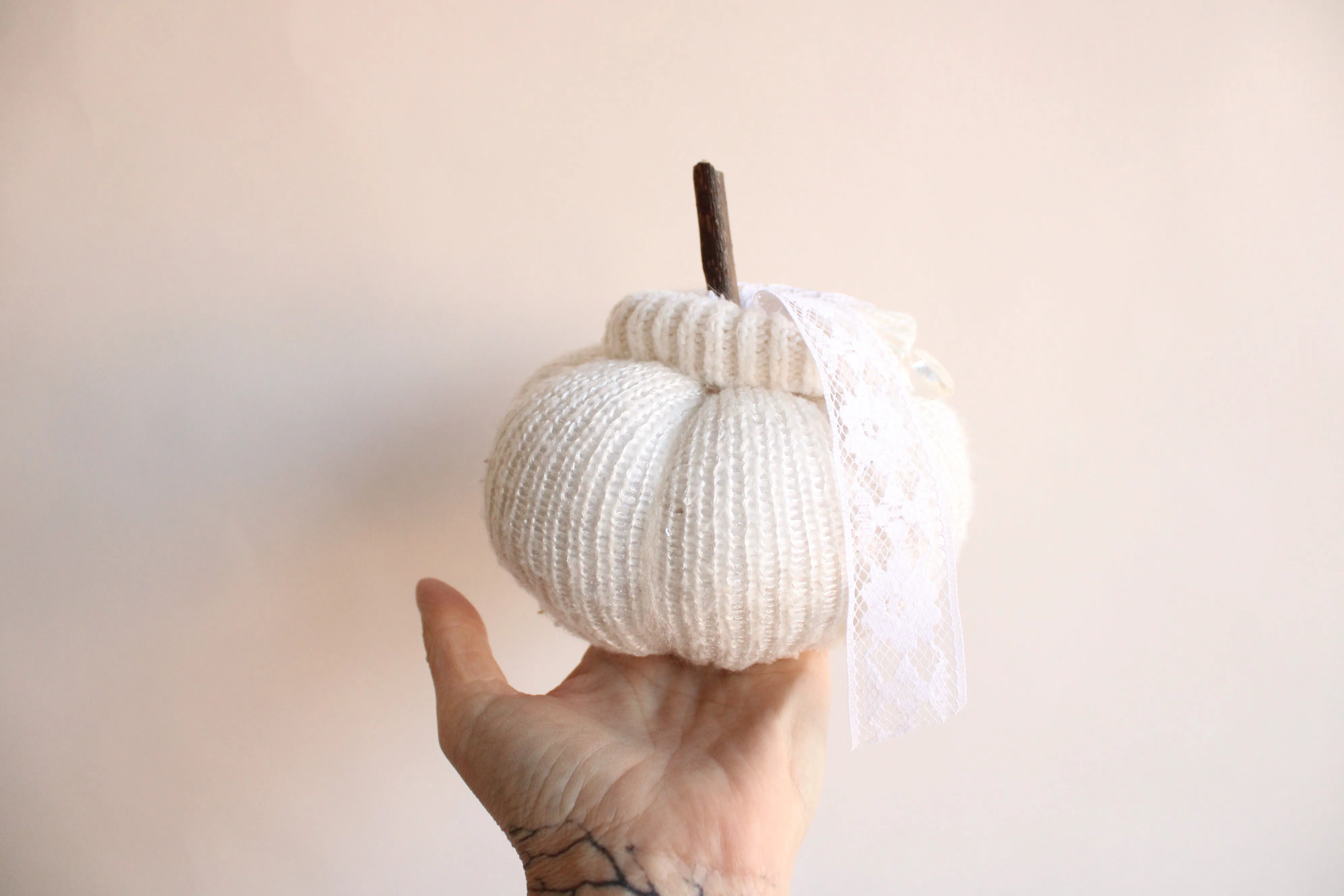 Creamy White Knit Pumpkin PIllow Pouf with Vintage Lace And Crystal Heart