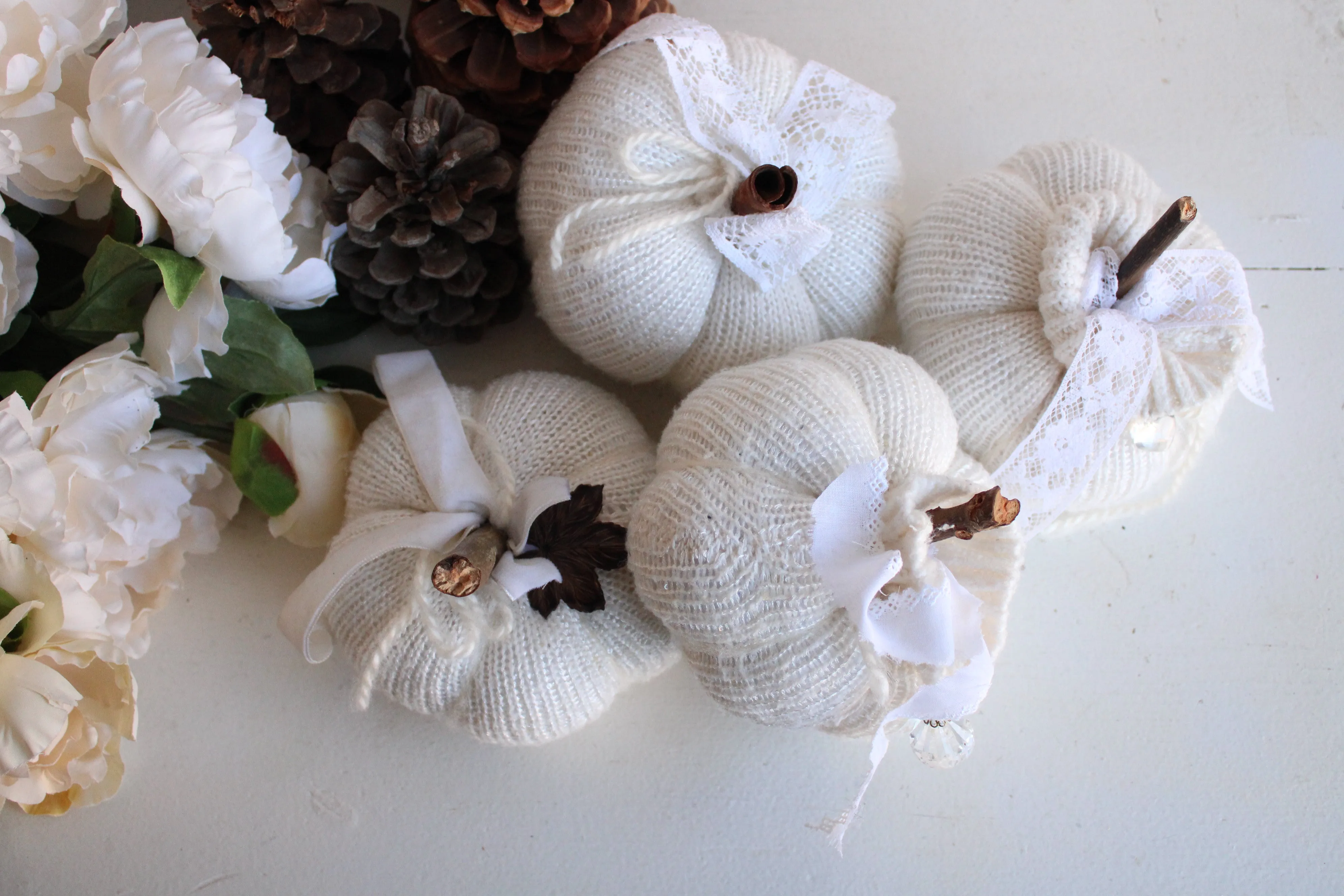 Creamy White Knit Pumpkin PIllow Pouf with Vintage Lace And Crystal Heart