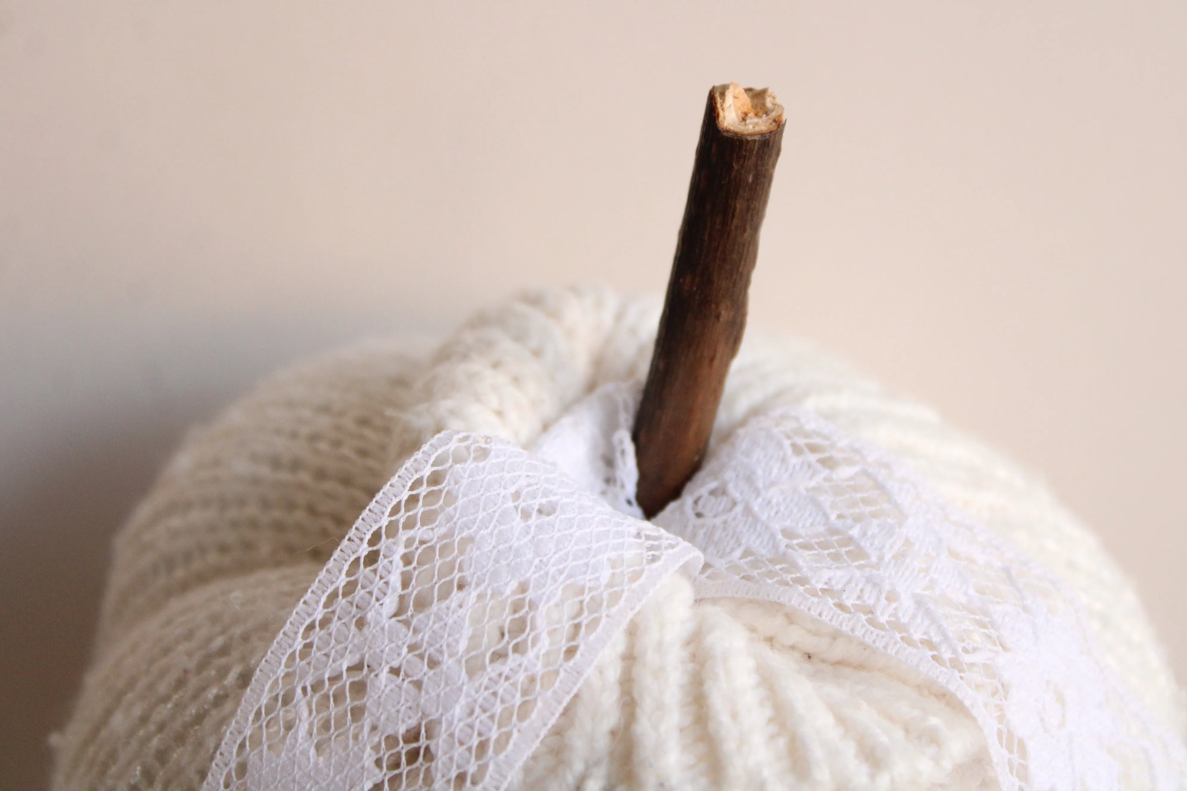 Creamy White Knit Pumpkin PIllow Pouf with Vintage Lace And Crystal Heart