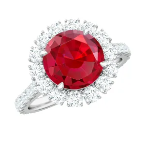 Created Ruby Classic Halo Engagement Ring with Moissanite in Gold