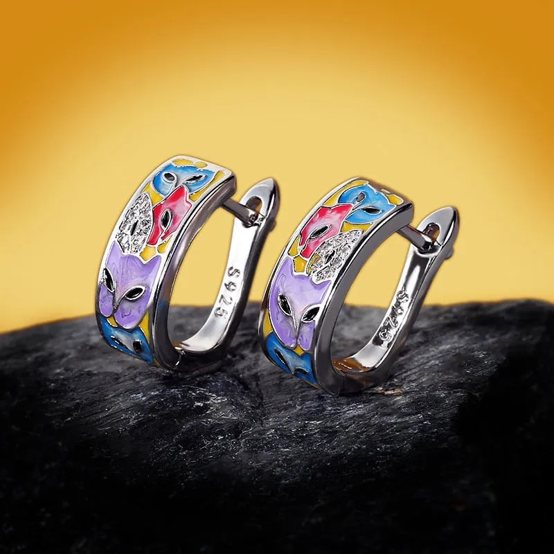 Creative Cat Enamel Hoop Earrings for Women with Zircon in 925 Sterling Silver