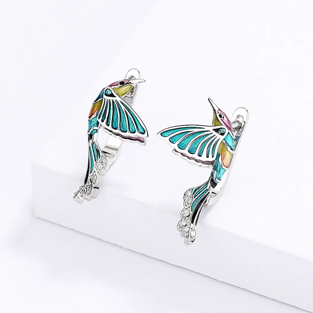 Creative Hummingbird Enamel Drop Earrings for Women with Zircon in Silver Color