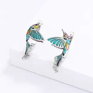 Creative Hummingbird Enamel Drop Earrings for Women with Zircon in Silver Color