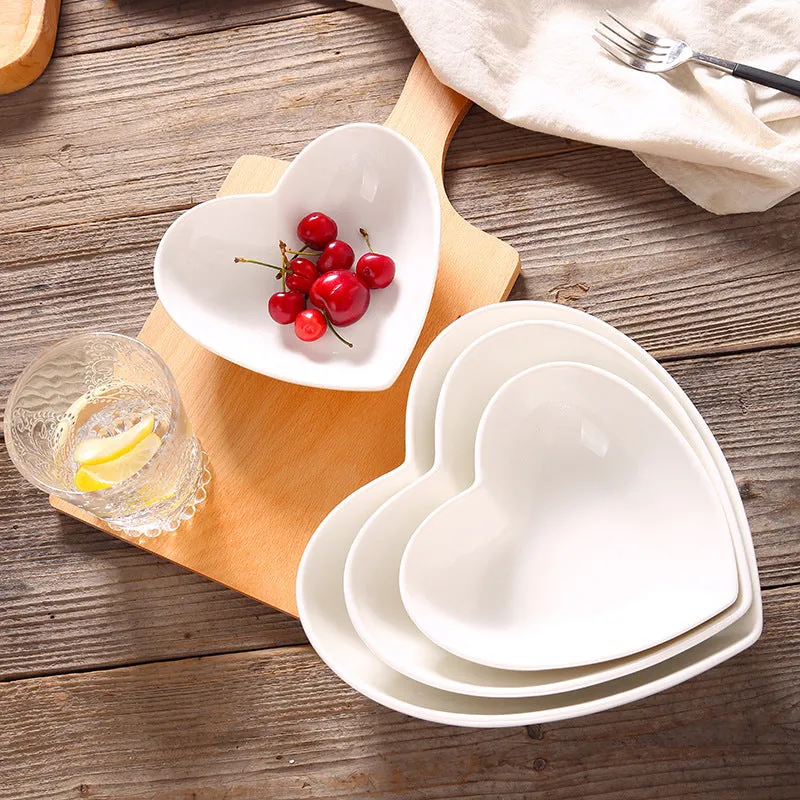 Creative Pure White Ceramic Heart-shaped Plate Bowl Western Cuisine