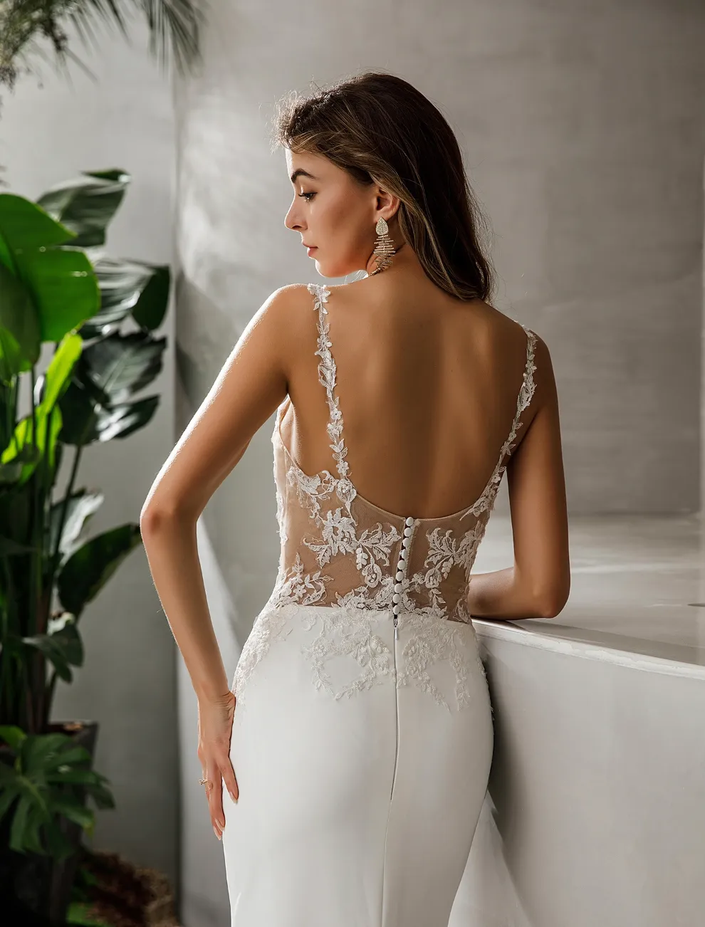 Crepe Fit and Flare Crepe Silhouette Wedding Dress With Lace Straps