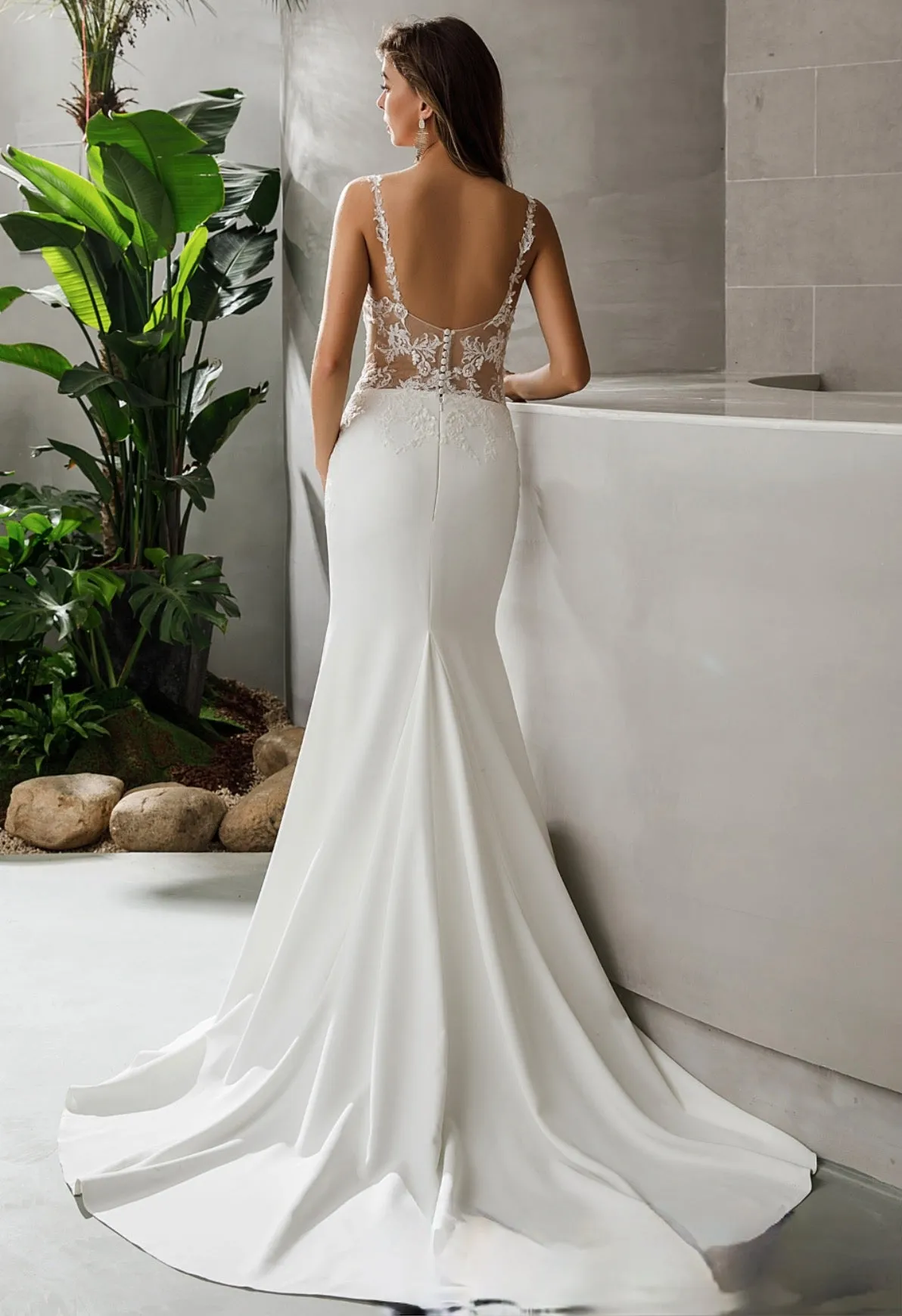 Crepe Fit and Flare Crepe Silhouette Wedding Dress With Lace Straps