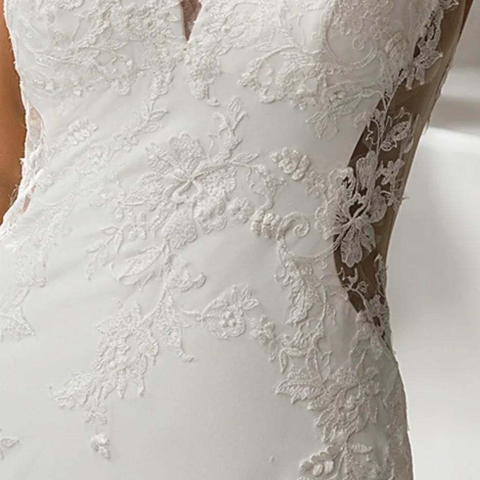 Crepe Fit and Flare Crepe Silhouette Wedding Dress With Lace Straps