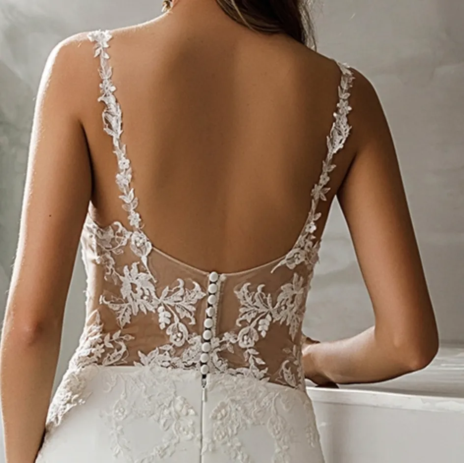 Crepe Fit and Flare Crepe Silhouette Wedding Dress With Lace Straps