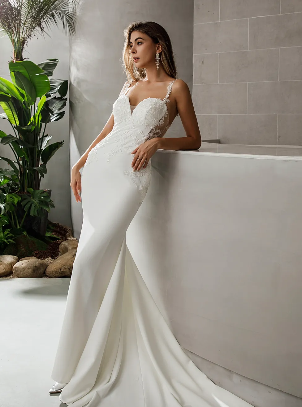 Crepe Fit and Flare Crepe Silhouette Wedding Dress With Lace Straps