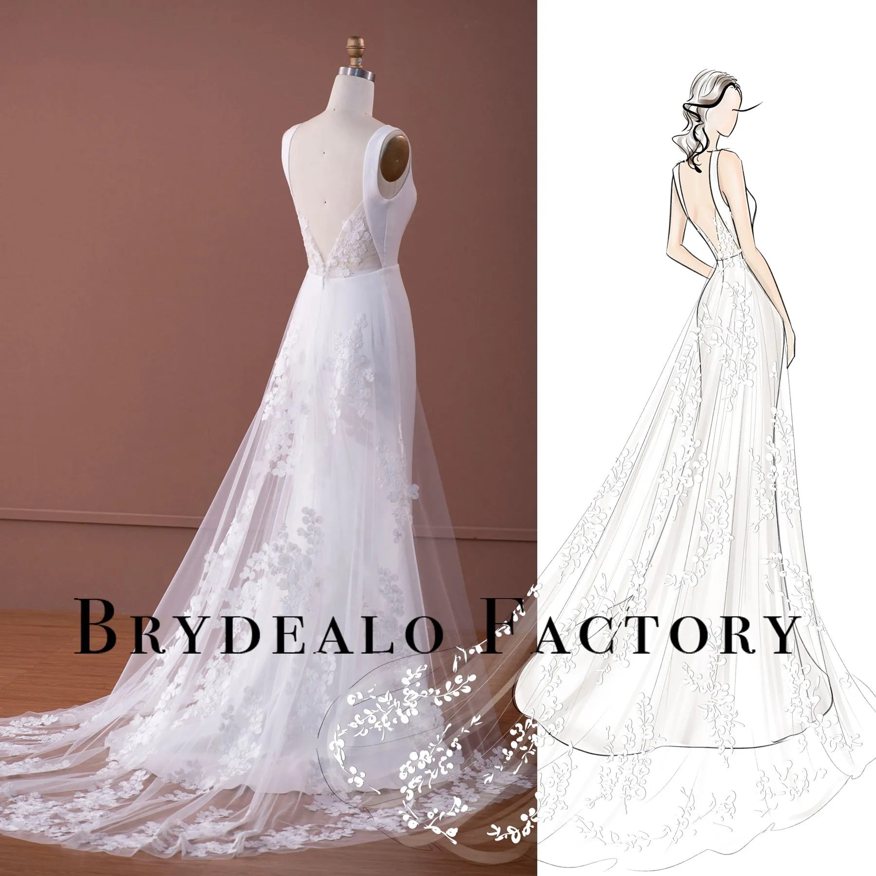 Crepe Mermaid Wedding Dress with Lace Panel Train