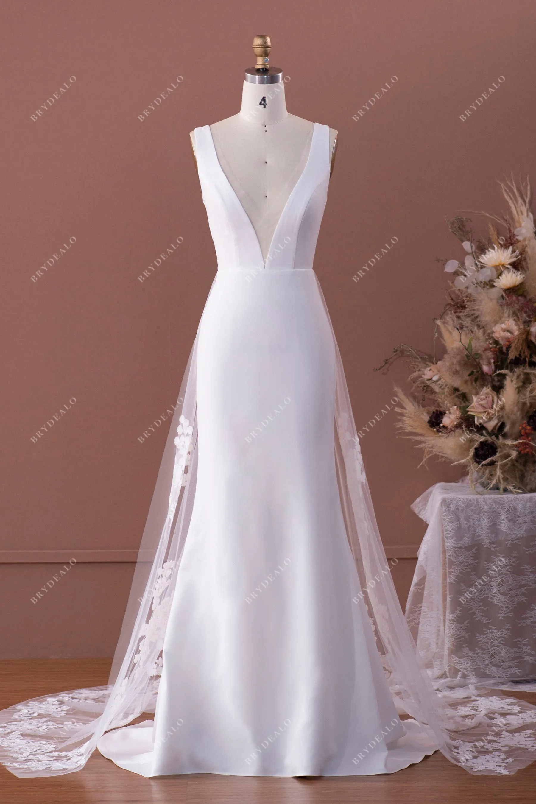 Crepe Mermaid Wedding Dress with Lace Panel Train