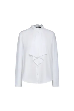 Crepe Ruffled Stand Collar Blouse With Double Tie Detail