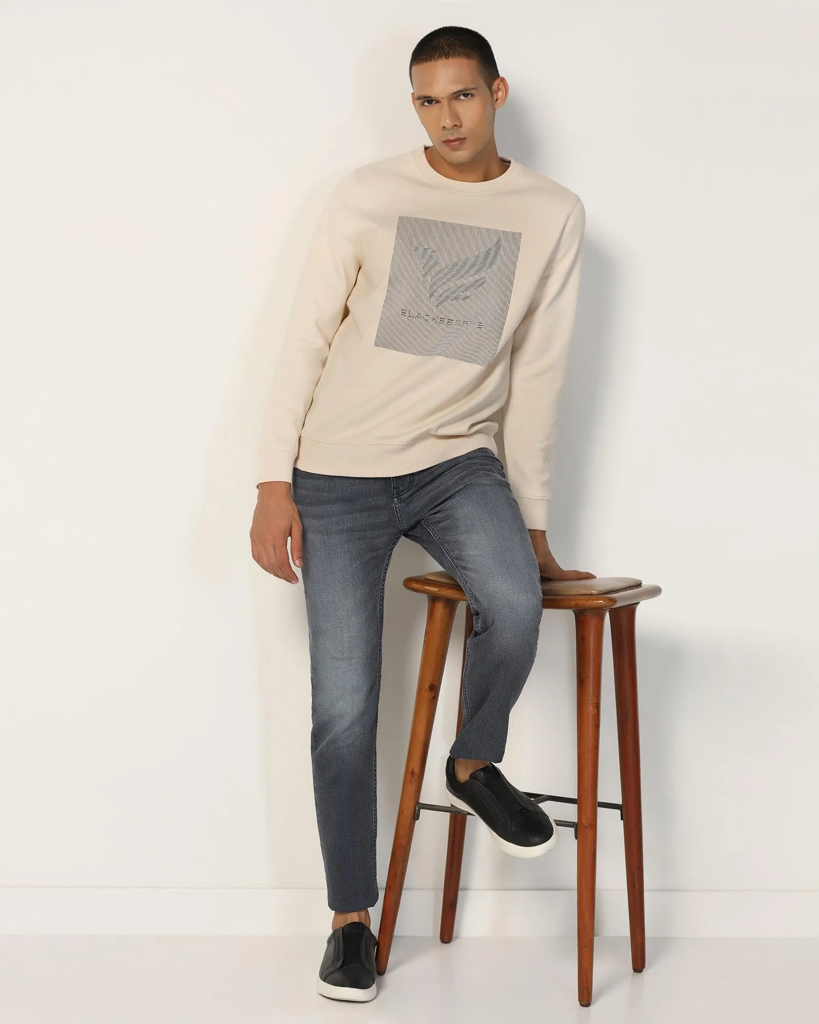 Crew Neck Beige Solid Sweatshirt - Stroke