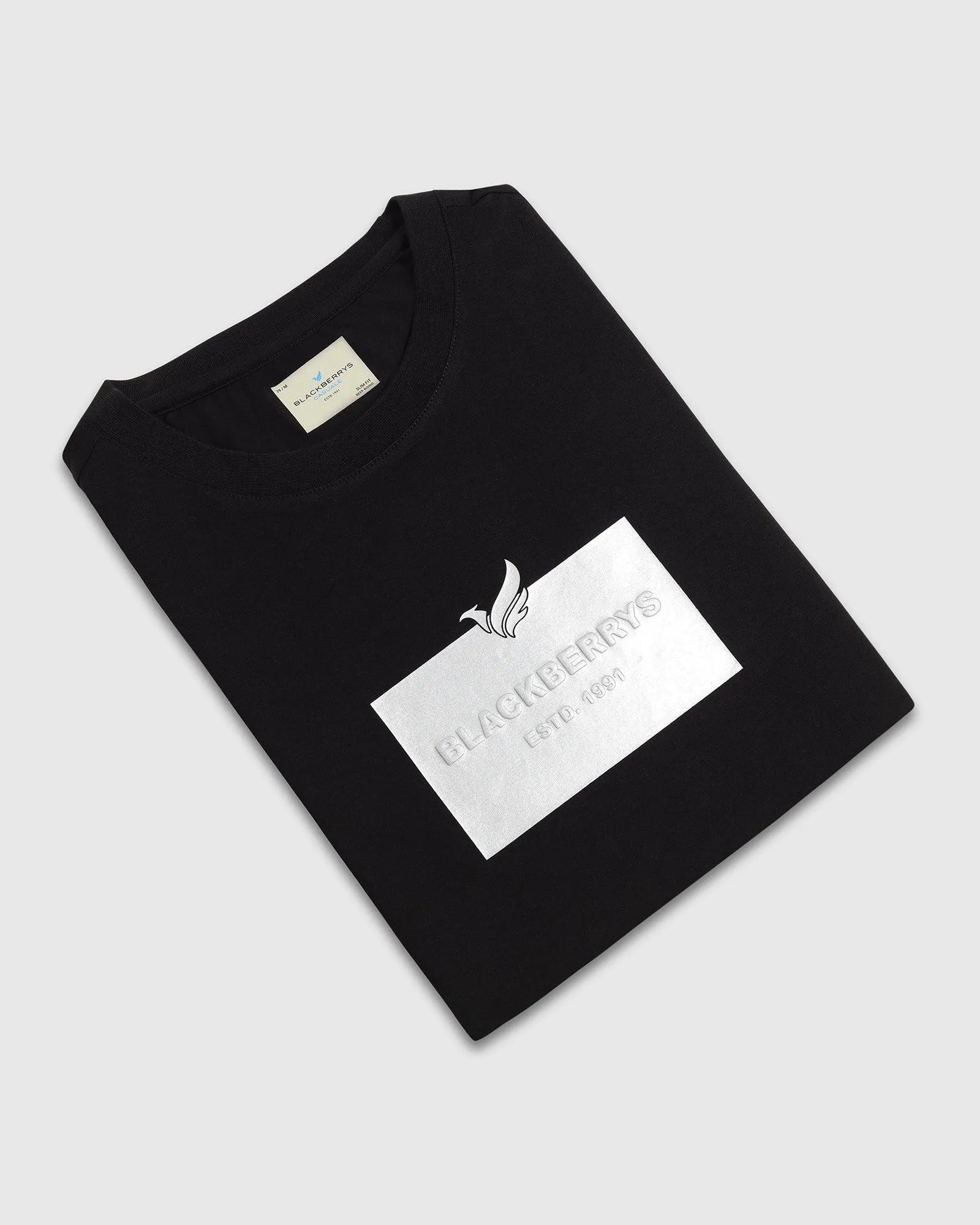 Crew Neck Black Printed T-Shirt - Foil