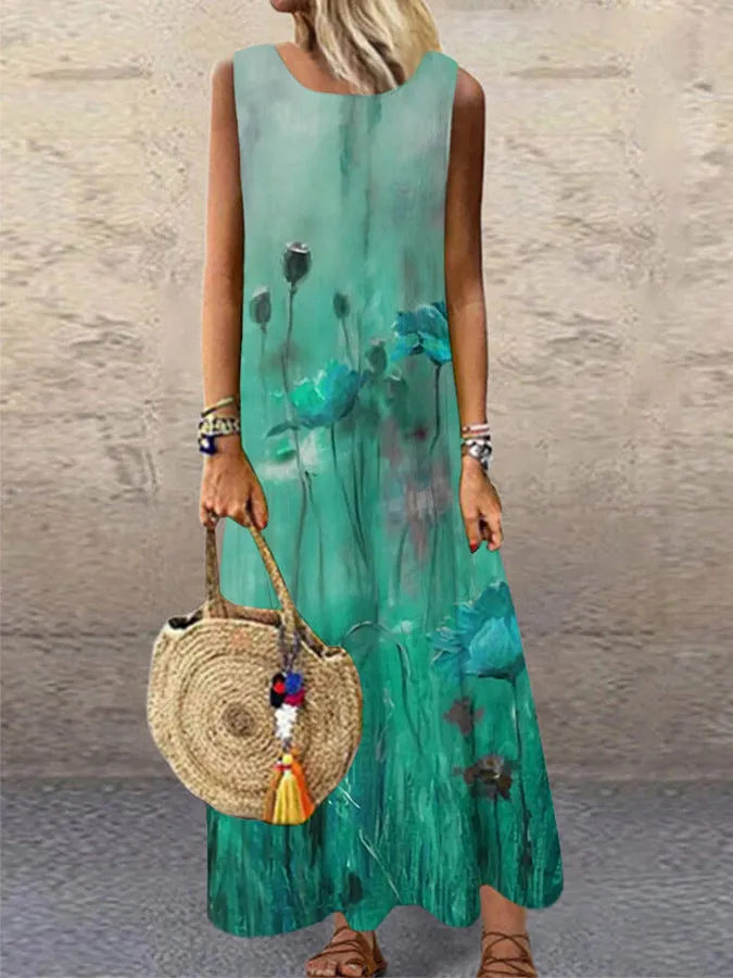 Crew Neck Floral Print Casual Long Dress