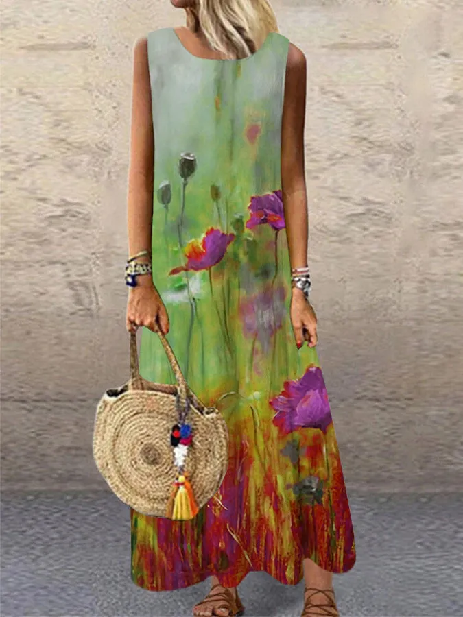 Crew Neck Floral Print Casual Long Dress