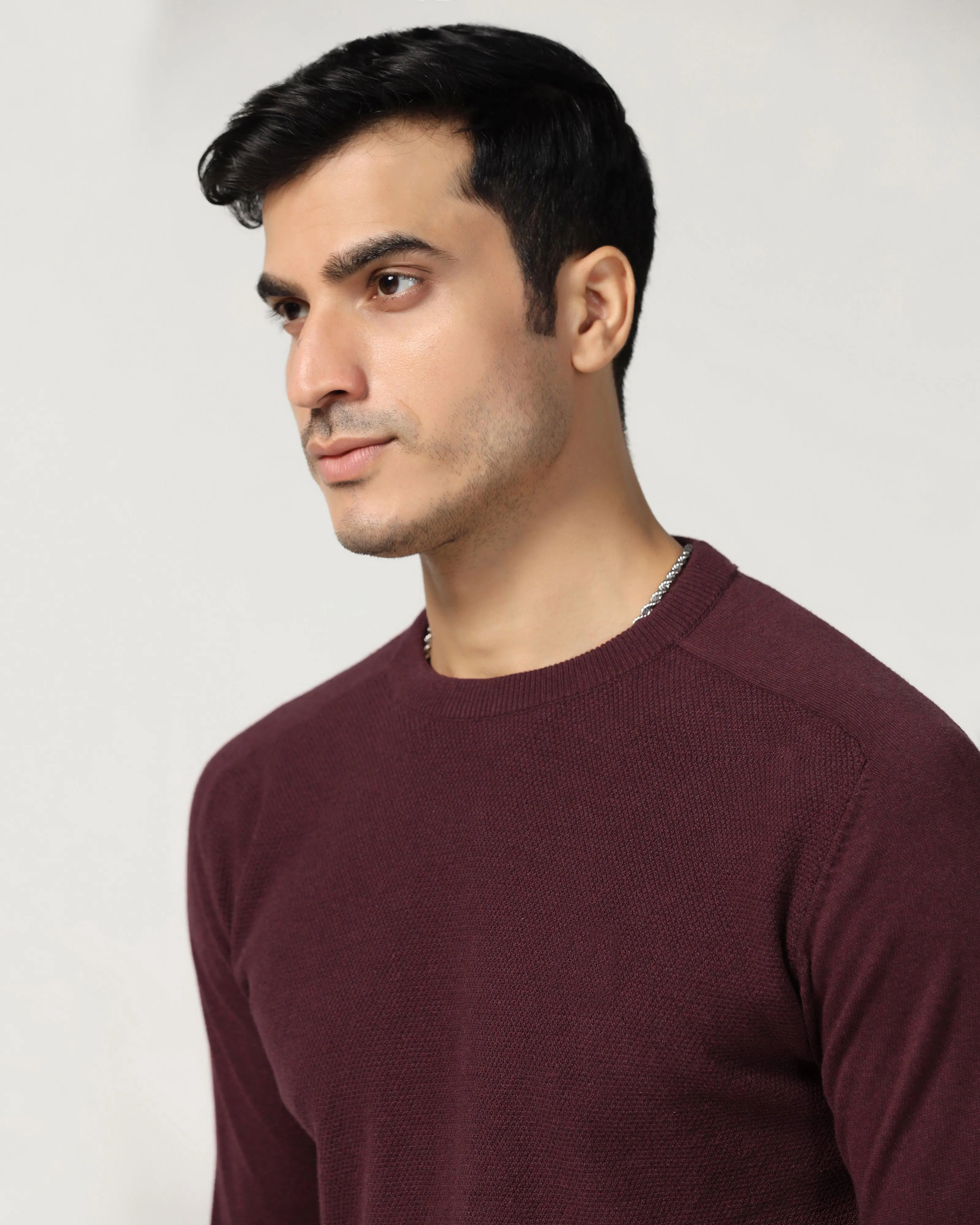 Crew Neck Maroon Structure Sweater - Raven