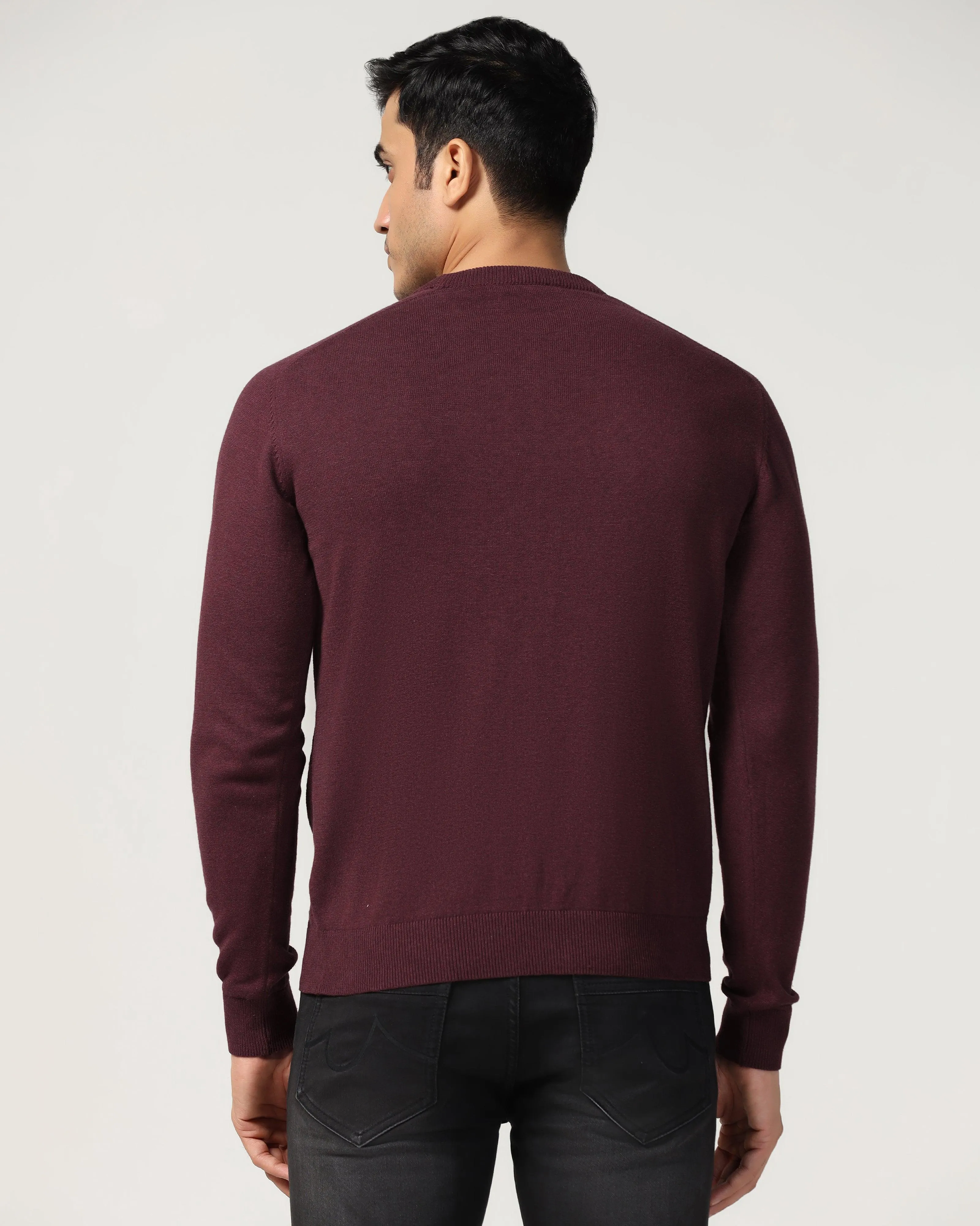 Crew Neck Maroon Structure Sweater - Raven