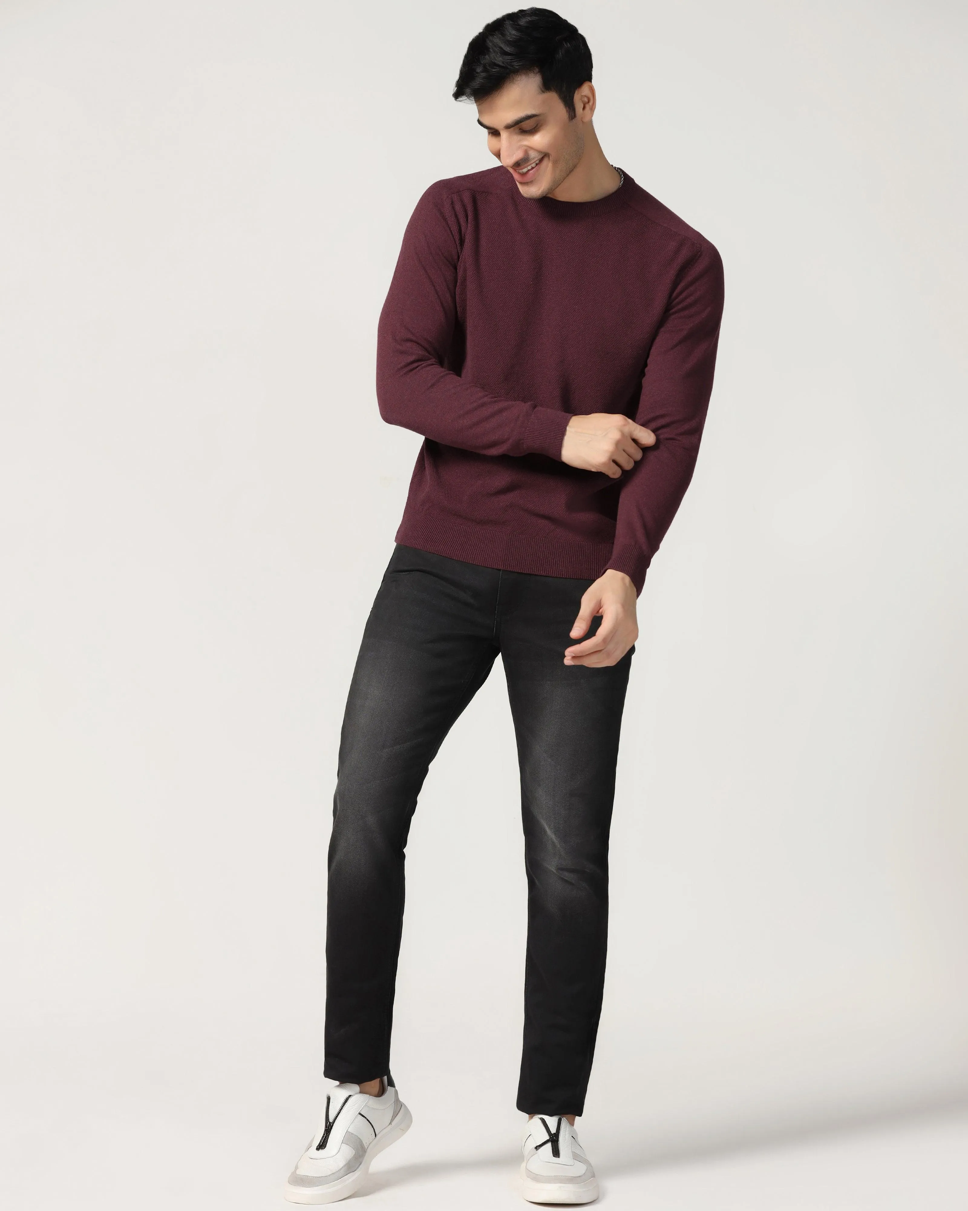 Crew Neck Maroon Structure Sweater - Raven