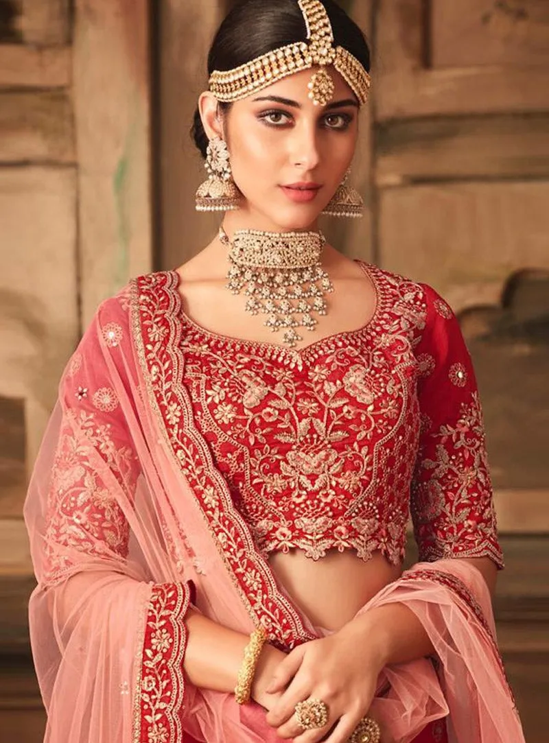 Crimson And Peach Embroidered Designer Lehenga Choli