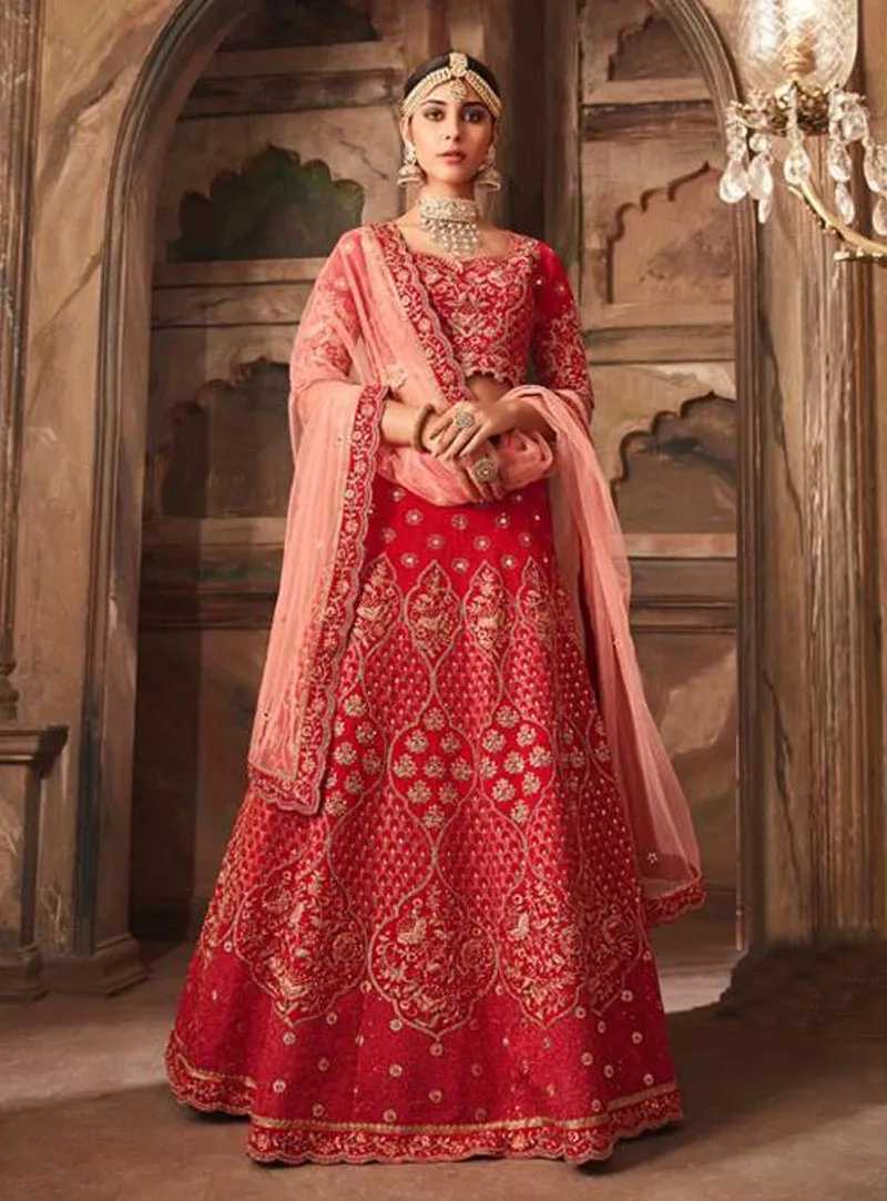 Crimson And Peach Embroidered Designer Lehenga Choli