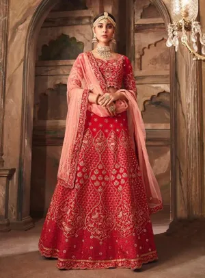 Crimson And Peach Embroidered Designer Lehenga Choli