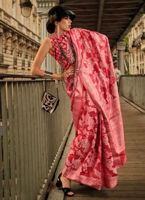 Crimson Lucknowi Handloom Woven Organza Silk Saree