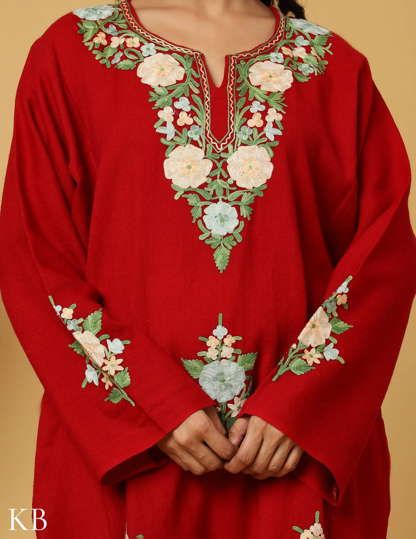 Crimson Pure Wool Aari Embroidered Phiran