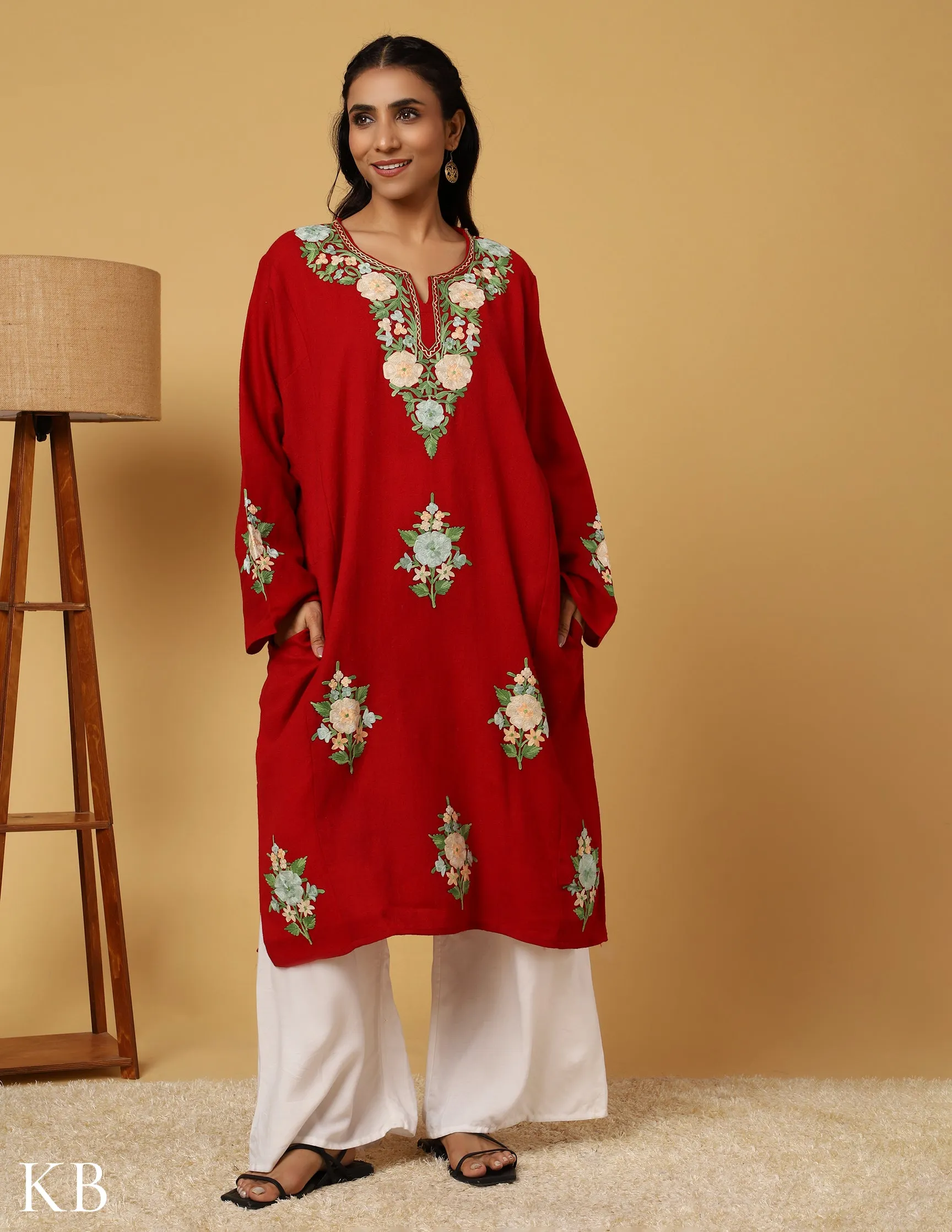 Crimson Pure Wool Aari Embroidered Phiran