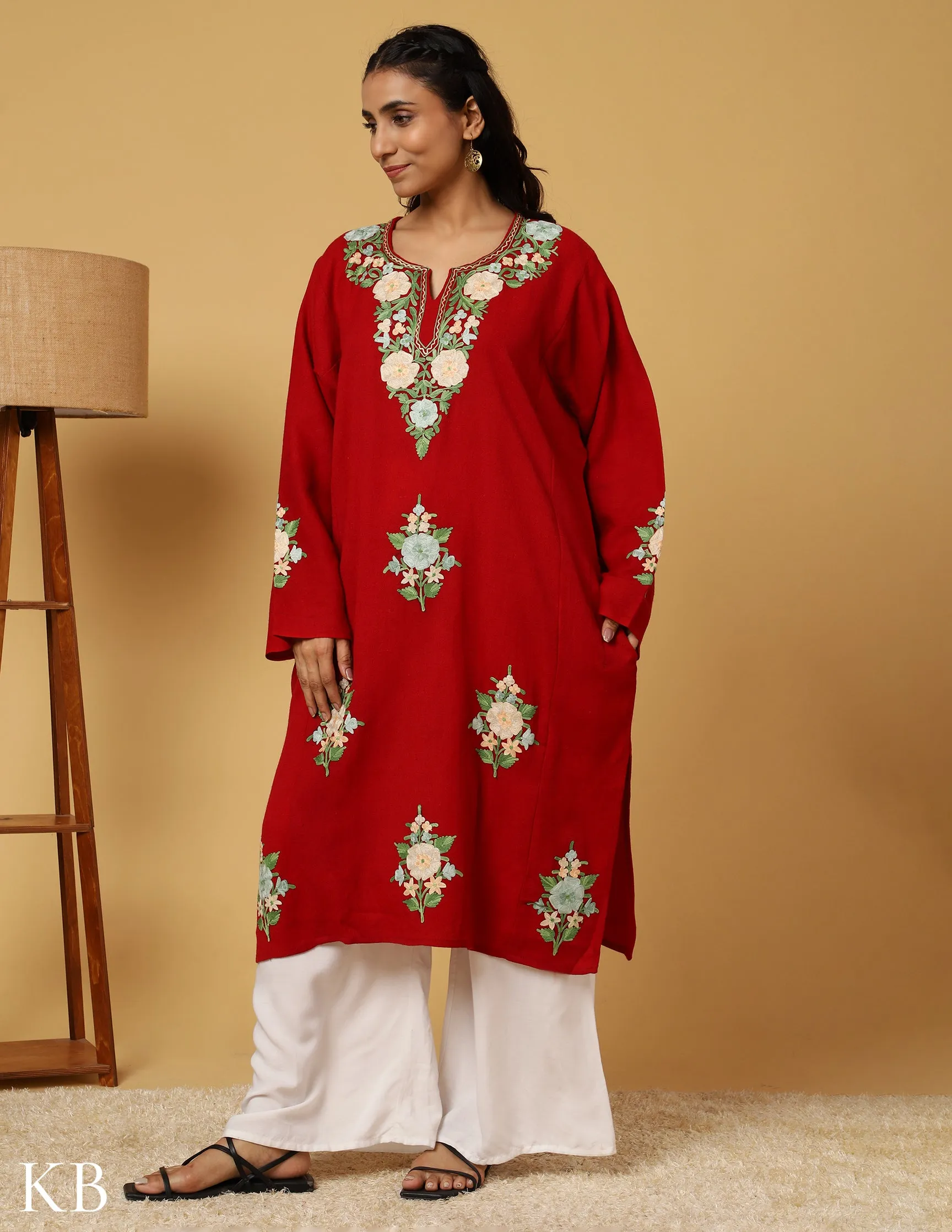 Crimson Pure Wool Aari Embroidered Phiran