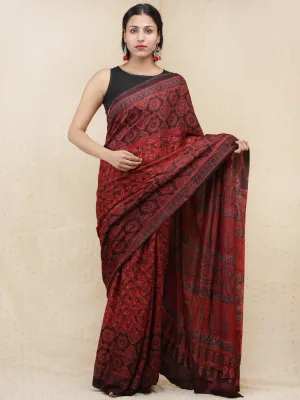 Crimson Red Black Ajrakh Hand Block Printed Modal Silk Saree - S031704152