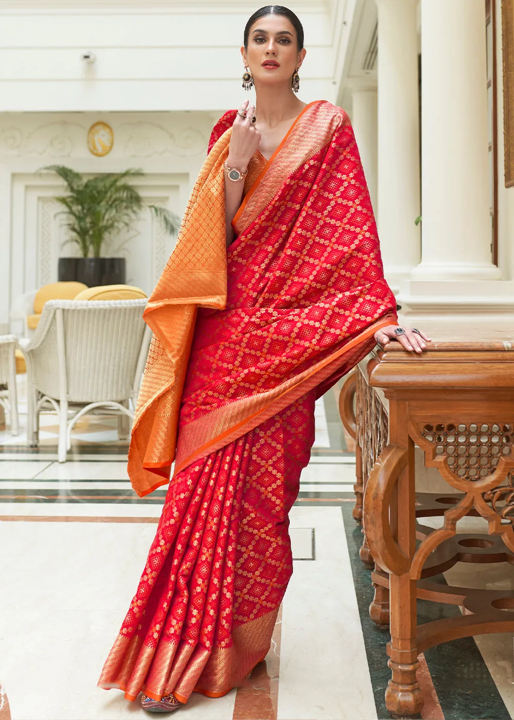 Crimson Red Handloom Patola Weave Silk Saree