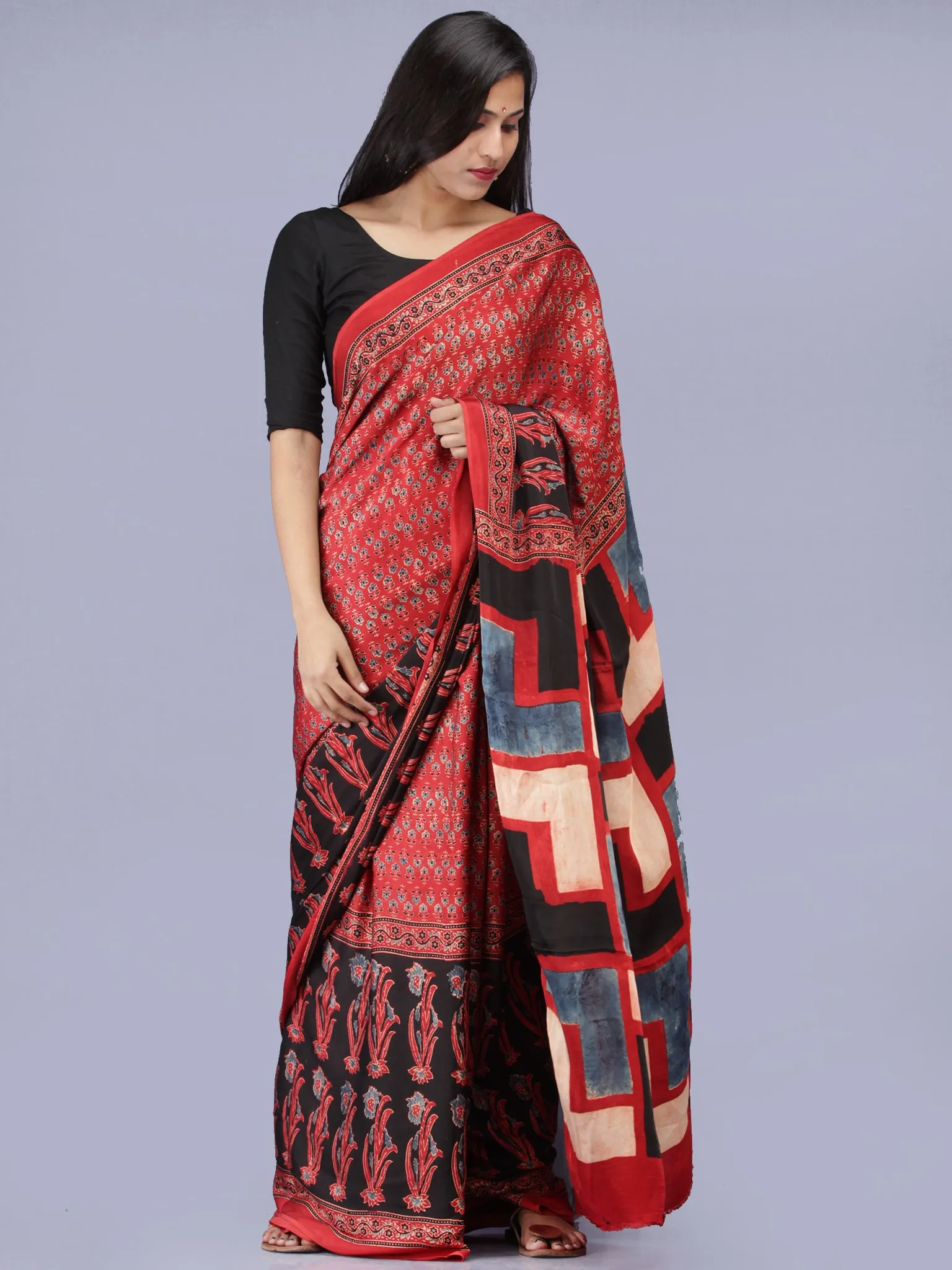 Crimson Red Indigo Black Ajrakh Hand Block Printed Modal Silk Saree - S031704227