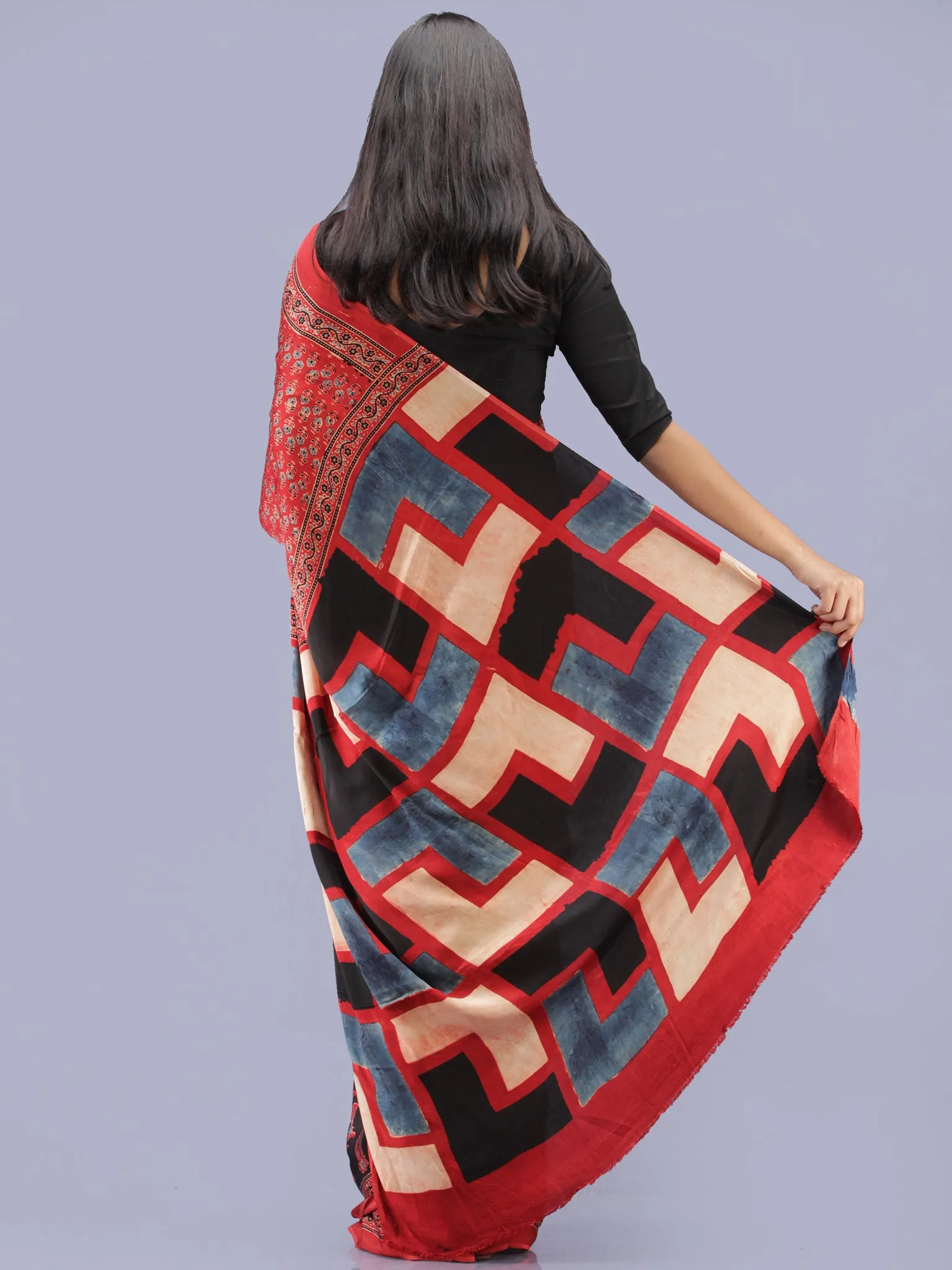 Crimson Red Indigo Black Ajrakh Hand Block Printed Modal Silk Saree - S031704227